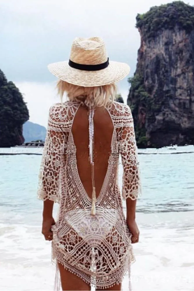 Backless Hollow out Crochet Beach Bikini Cover Up Dress