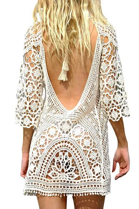 Backless Hollow out Crochet Beach Bikini Cover Up Dress