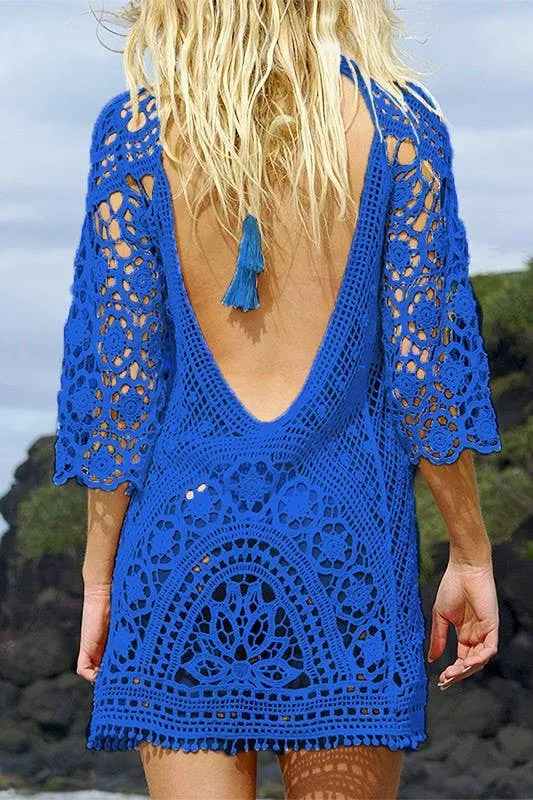 Backless Hollow out Crochet Beach Bikini Cover Up Dress