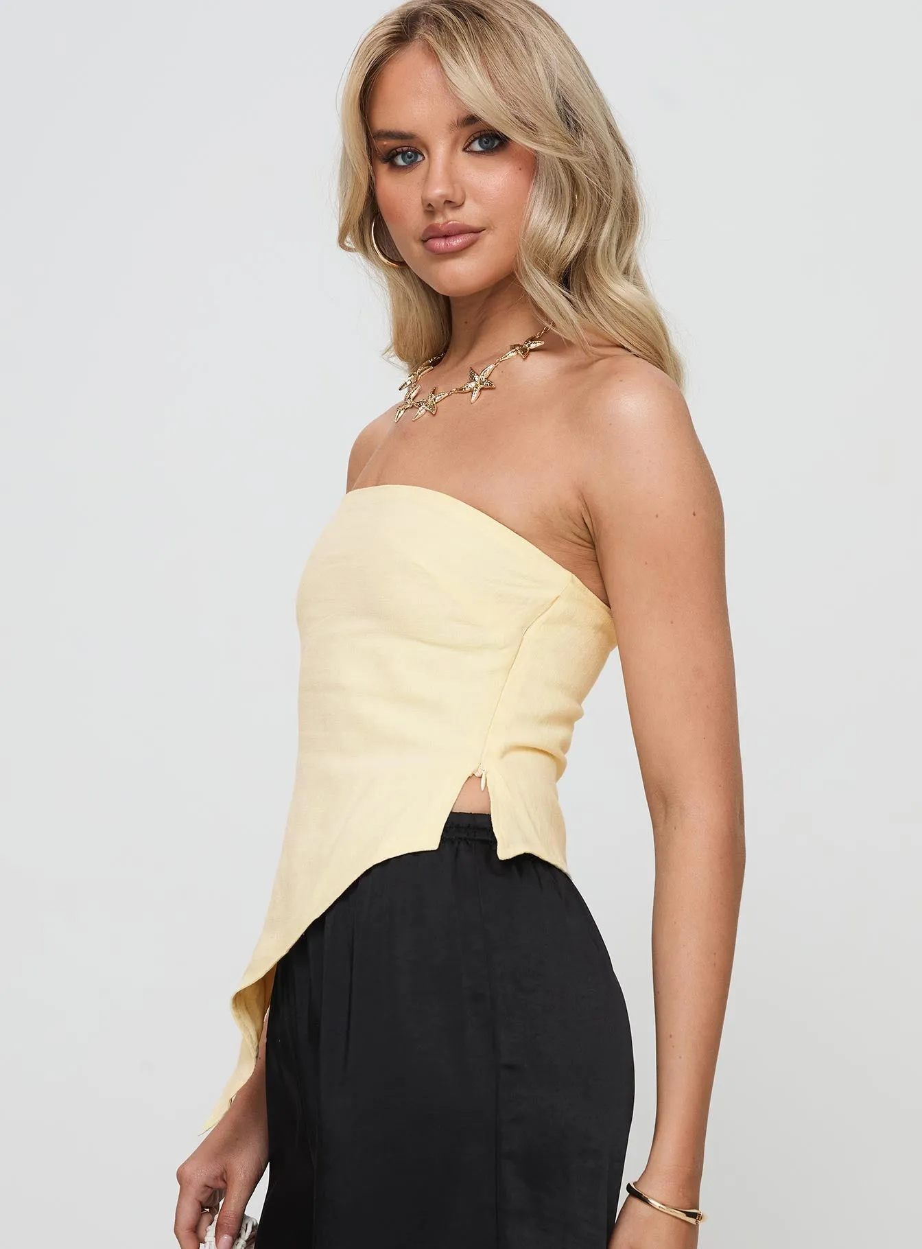 Birdie Asymmetric Linen Blend Top Lemon