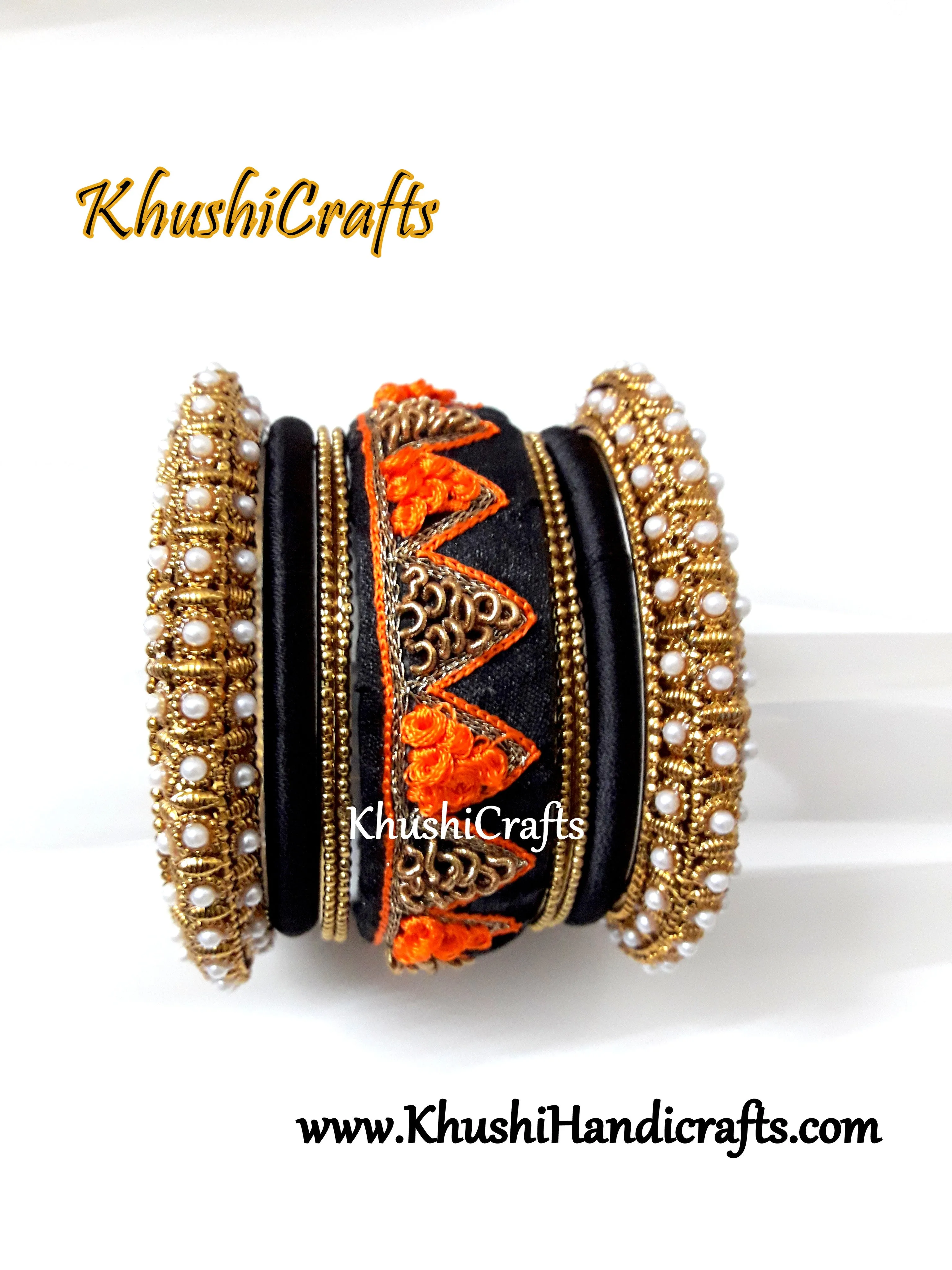 Black Orange Raw silk  Necklace set with Bangles with Hand embroidery(Zardozi & Aari /Maggam work)!