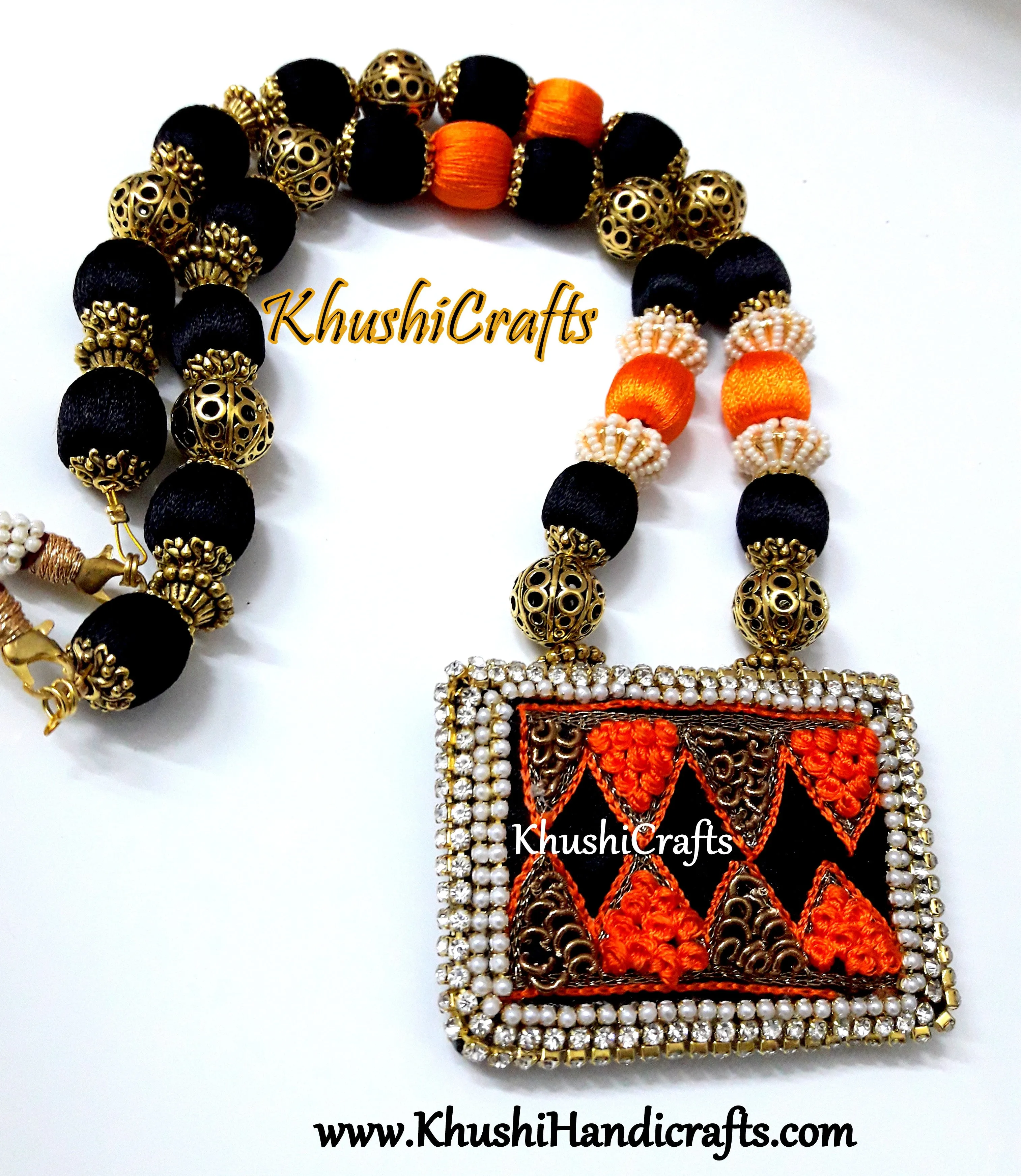 Black Orange Raw silk  Necklace set with Bangles with Hand embroidery(Zardozi & Aari /Maggam work)!