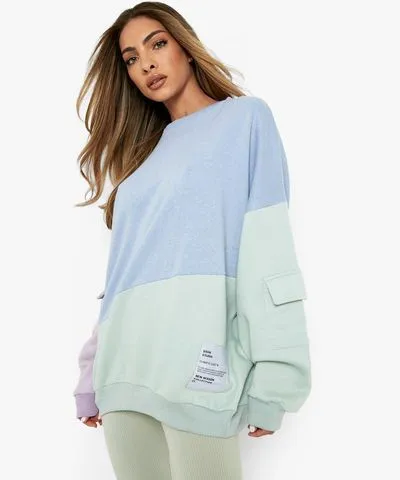 boohoo Womens Color Block Cargo Pocket Oversized Sweatshirt