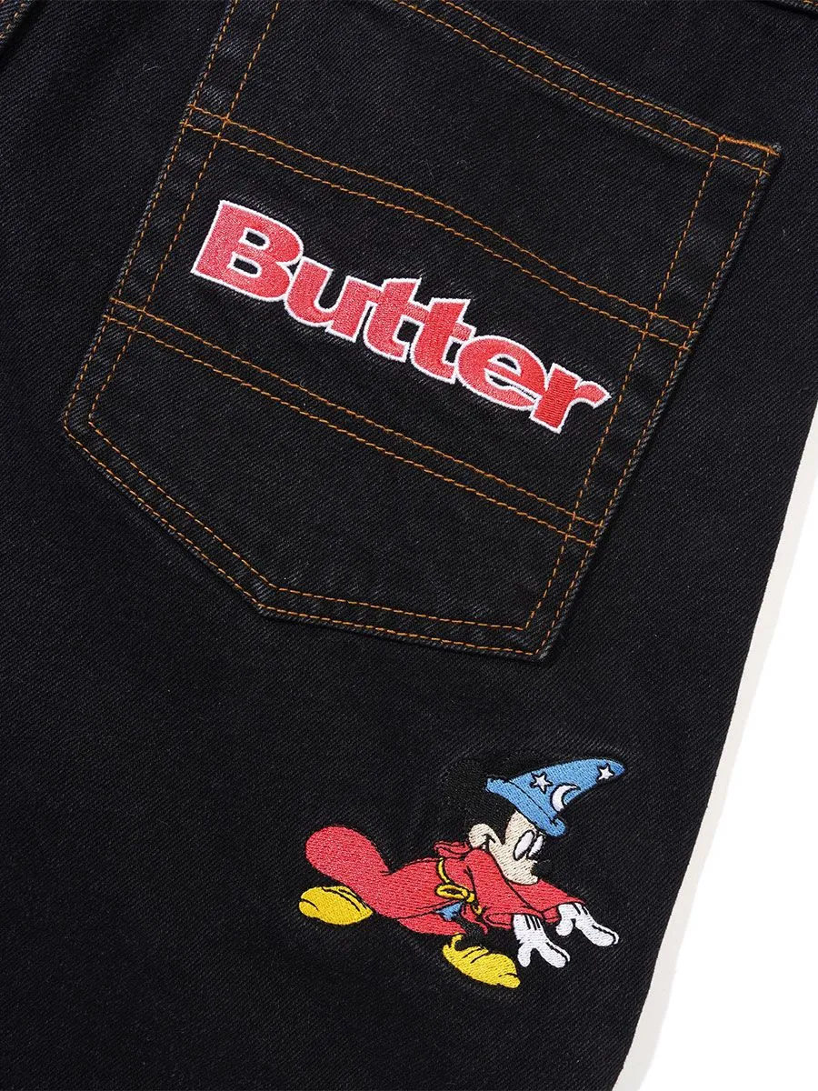 Butter Goods x Disney Fantasia Sorcerer Baggy Denim Shorts - Washed Black