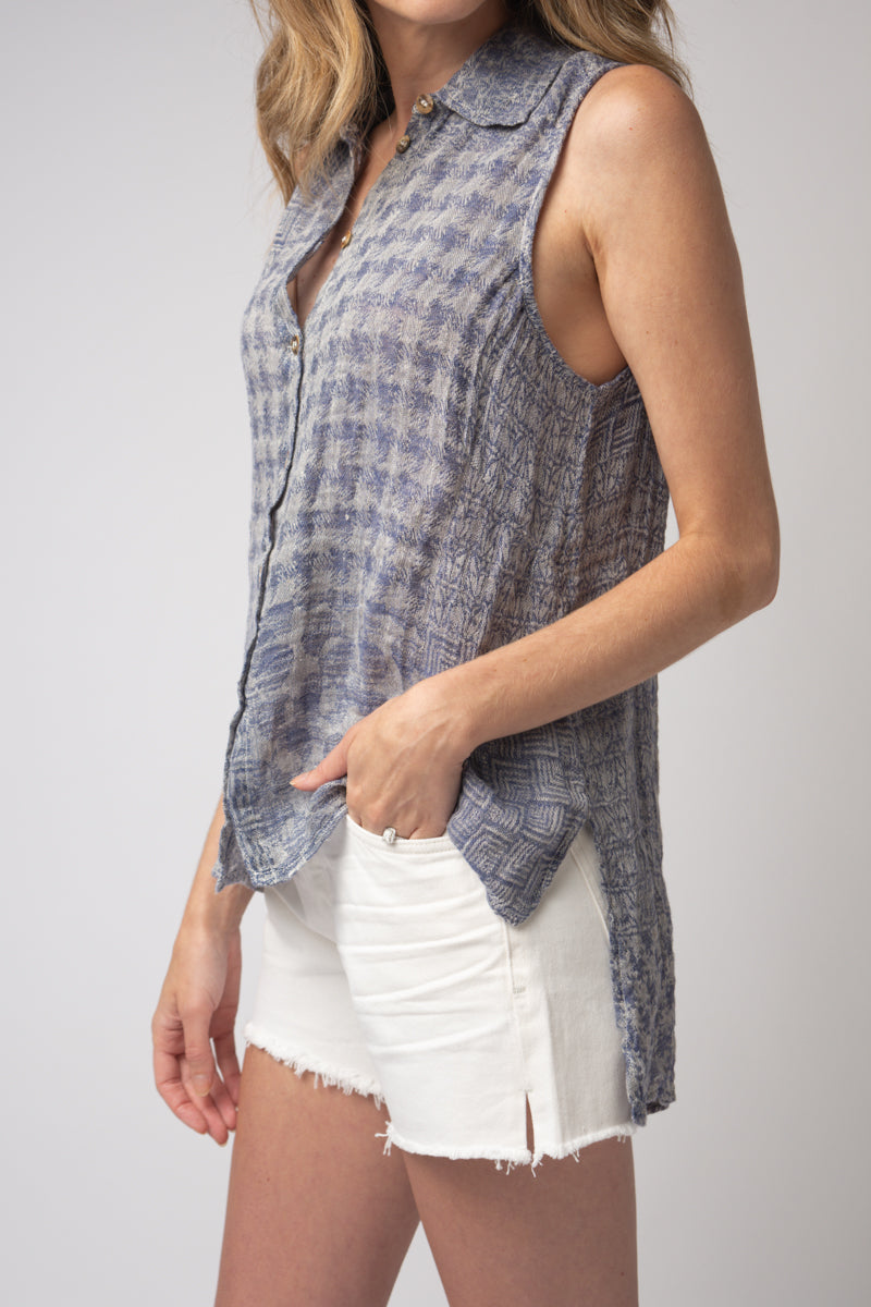 Canotta Valanza Linen Button Down Top in Blu Naturale