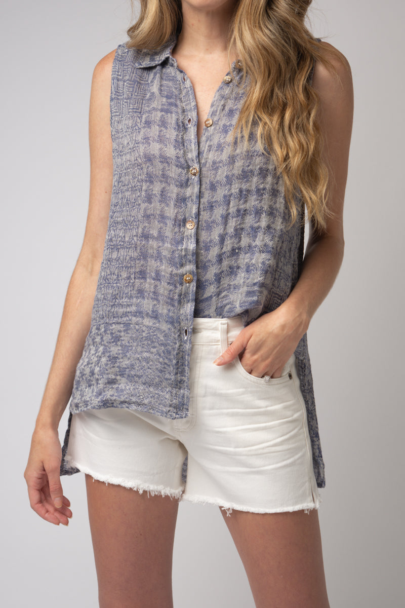 Canotta Valanza Linen Button Down Top in Blu Naturale