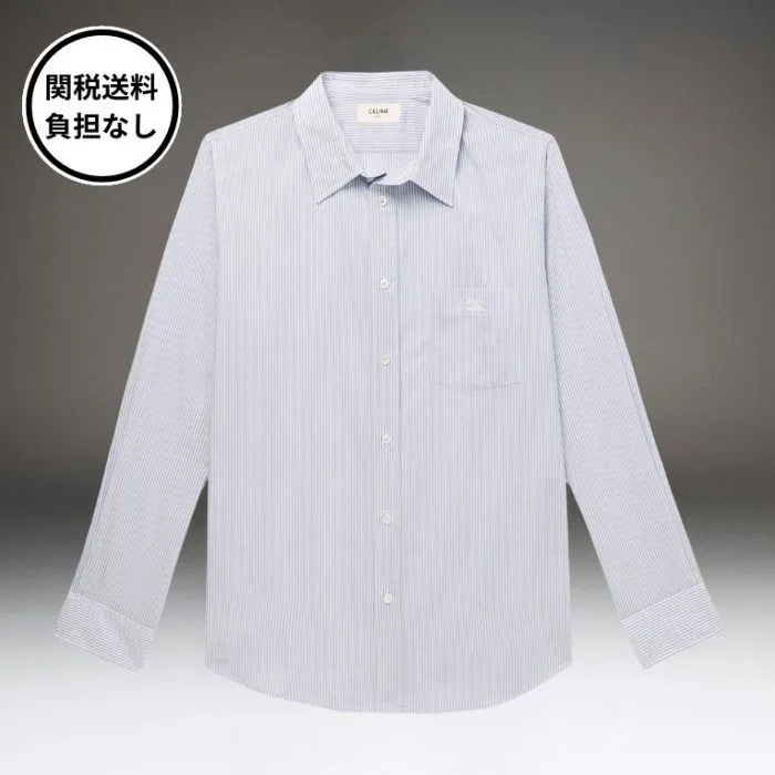 CELINE  |Stripes Long Sleeves Cotton Logo Front Button Luxury Shirts