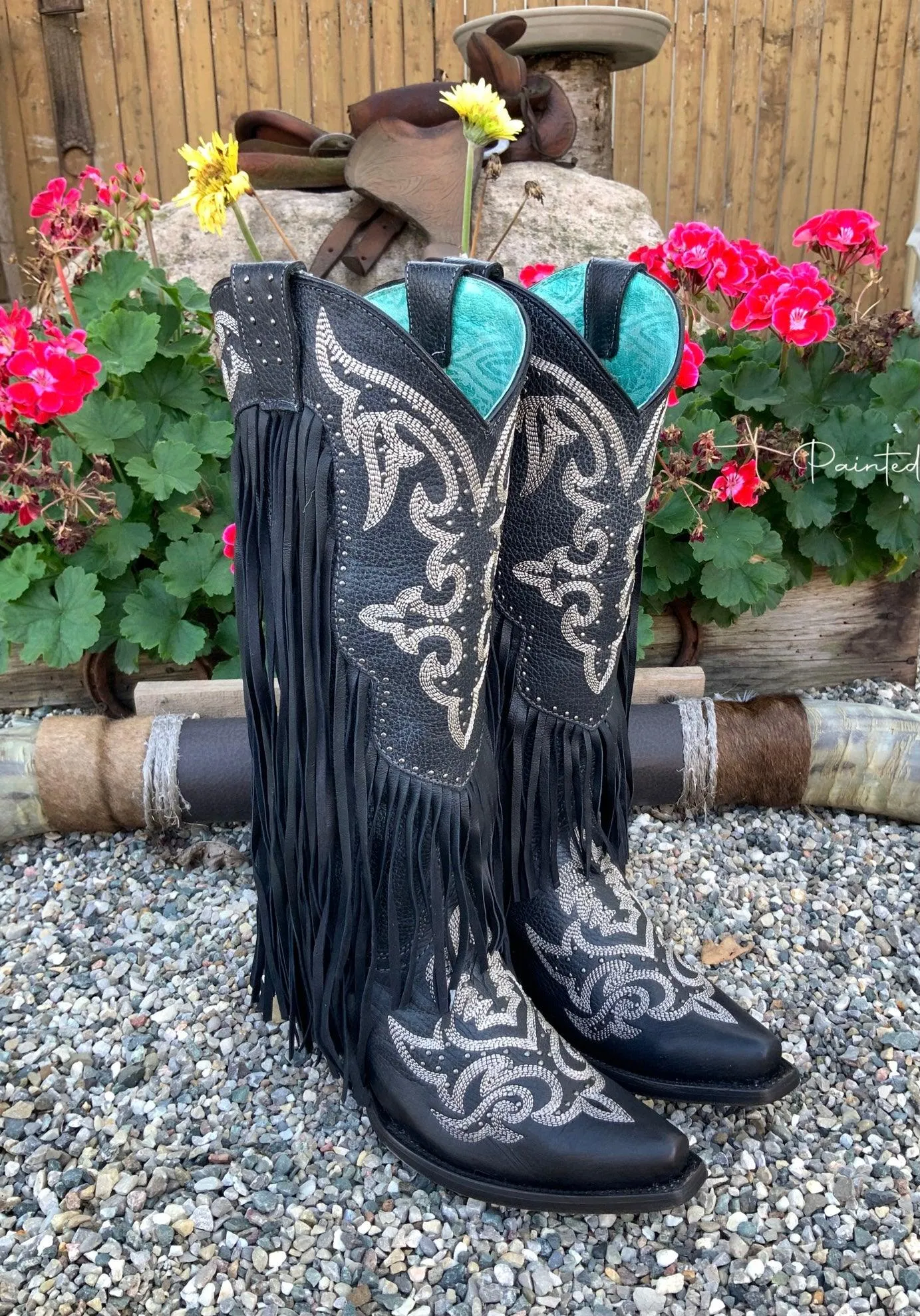 Corral Women's Black Fringe Lamb Tall Snip Toe Cowgirl Boots C3706