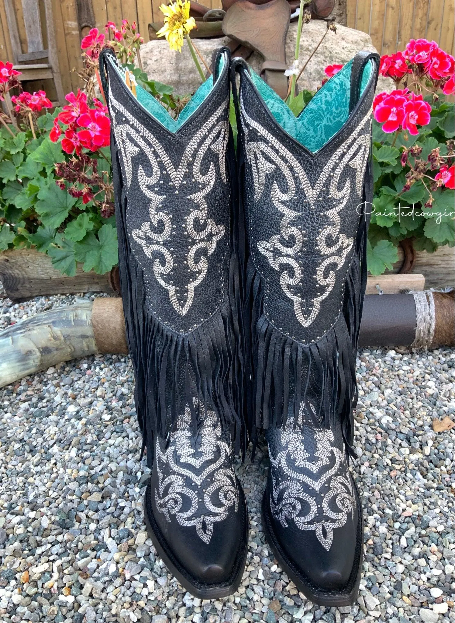 Corral Women's Black Fringe Lamb Tall Snip Toe Cowgirl Boots C3706