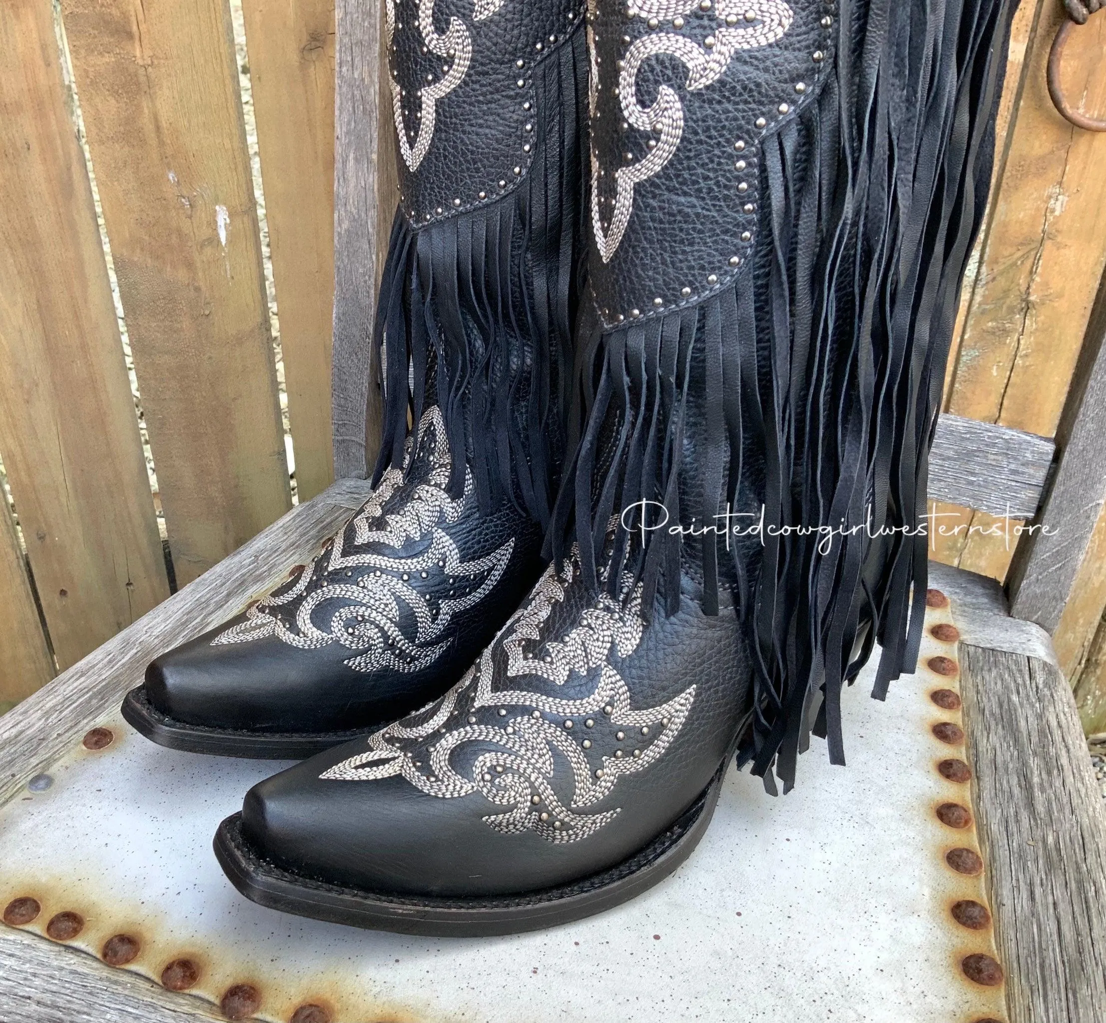 Corral Women's Black Fringe Lamb Tall Snip Toe Cowgirl Boots C3706