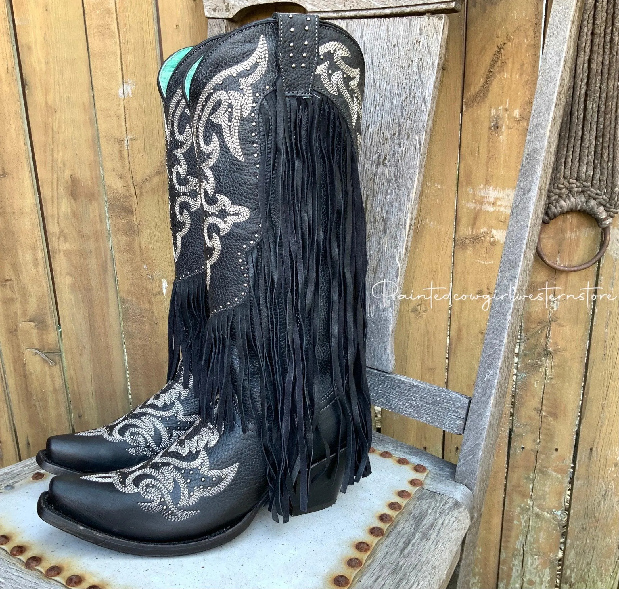 Corral Women's Black Fringe Lamb Tall Snip Toe Cowgirl Boots C3706