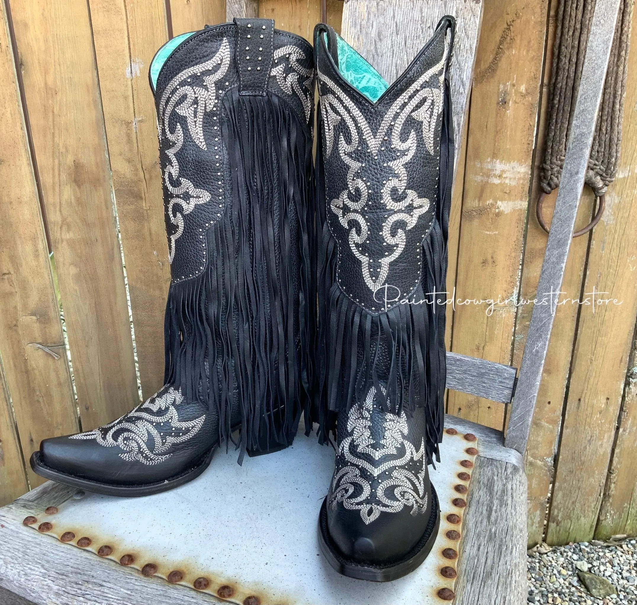 Corral Women's Black Fringe Lamb Tall Snip Toe Cowgirl Boots C3706