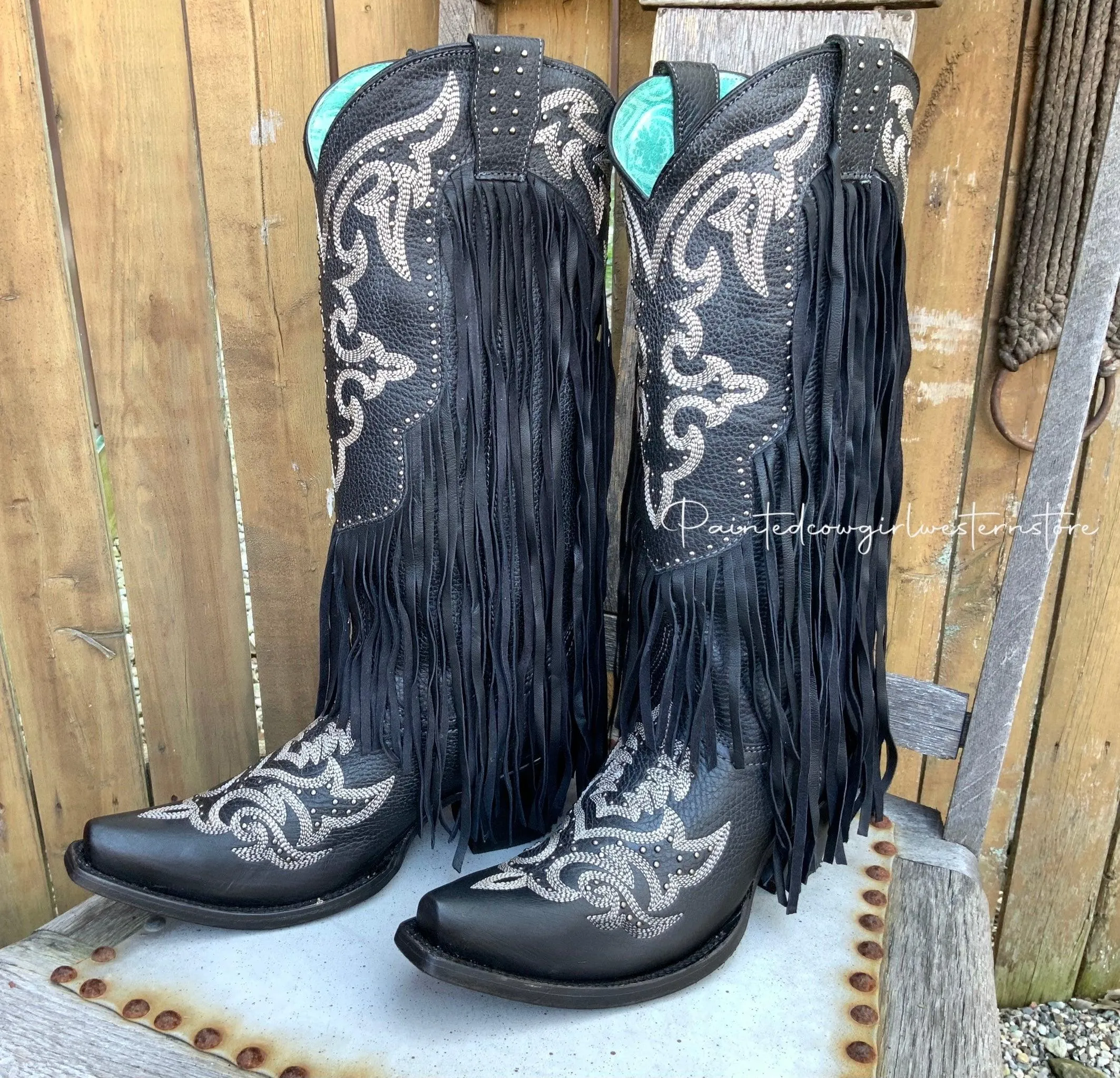 Corral Women's Black Fringe Lamb Tall Snip Toe Cowgirl Boots C3706