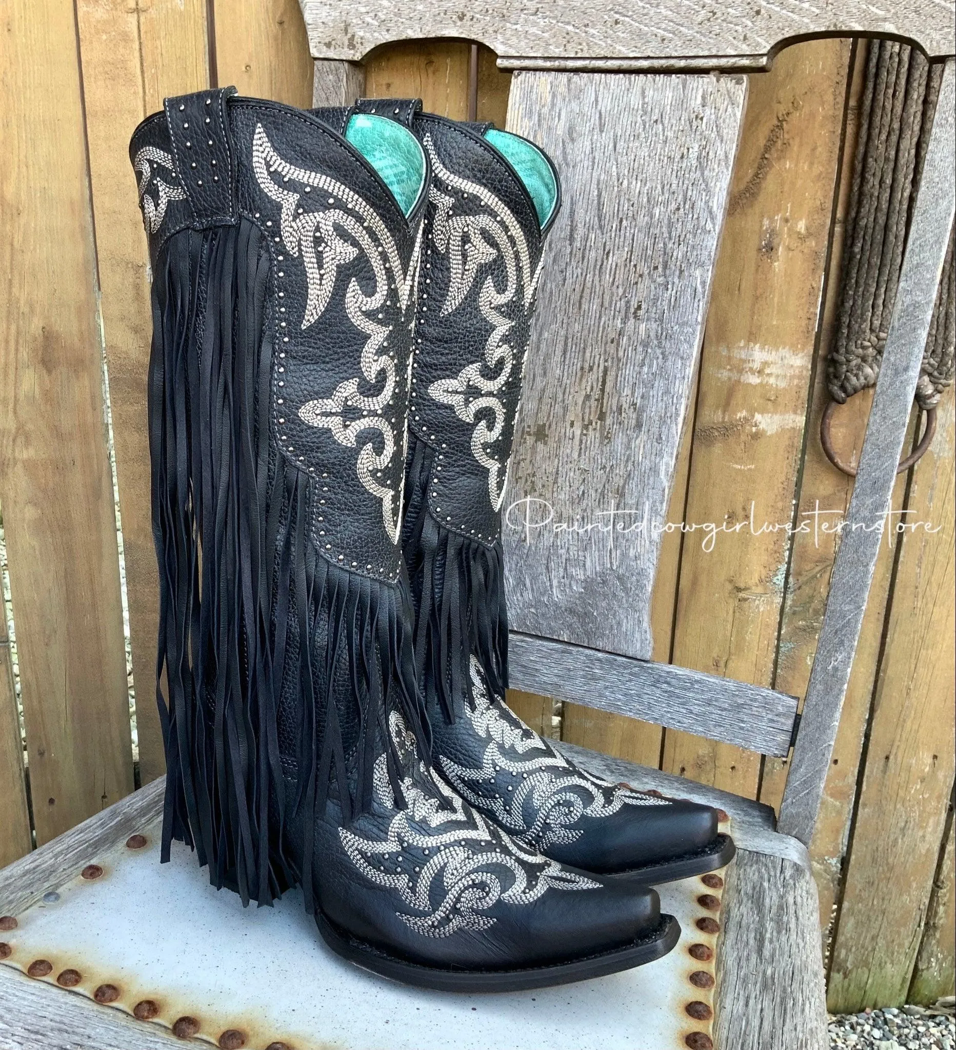 Corral Women's Black Fringe Lamb Tall Snip Toe Cowgirl Boots C3706