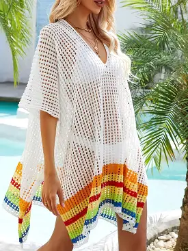 Cover Ups Boho Beach Crochet Robe Sexy Hollow Out Knitted Cover-ups Summer Rrainbow Stripe Cover Up for Women Mini Dresses Loose