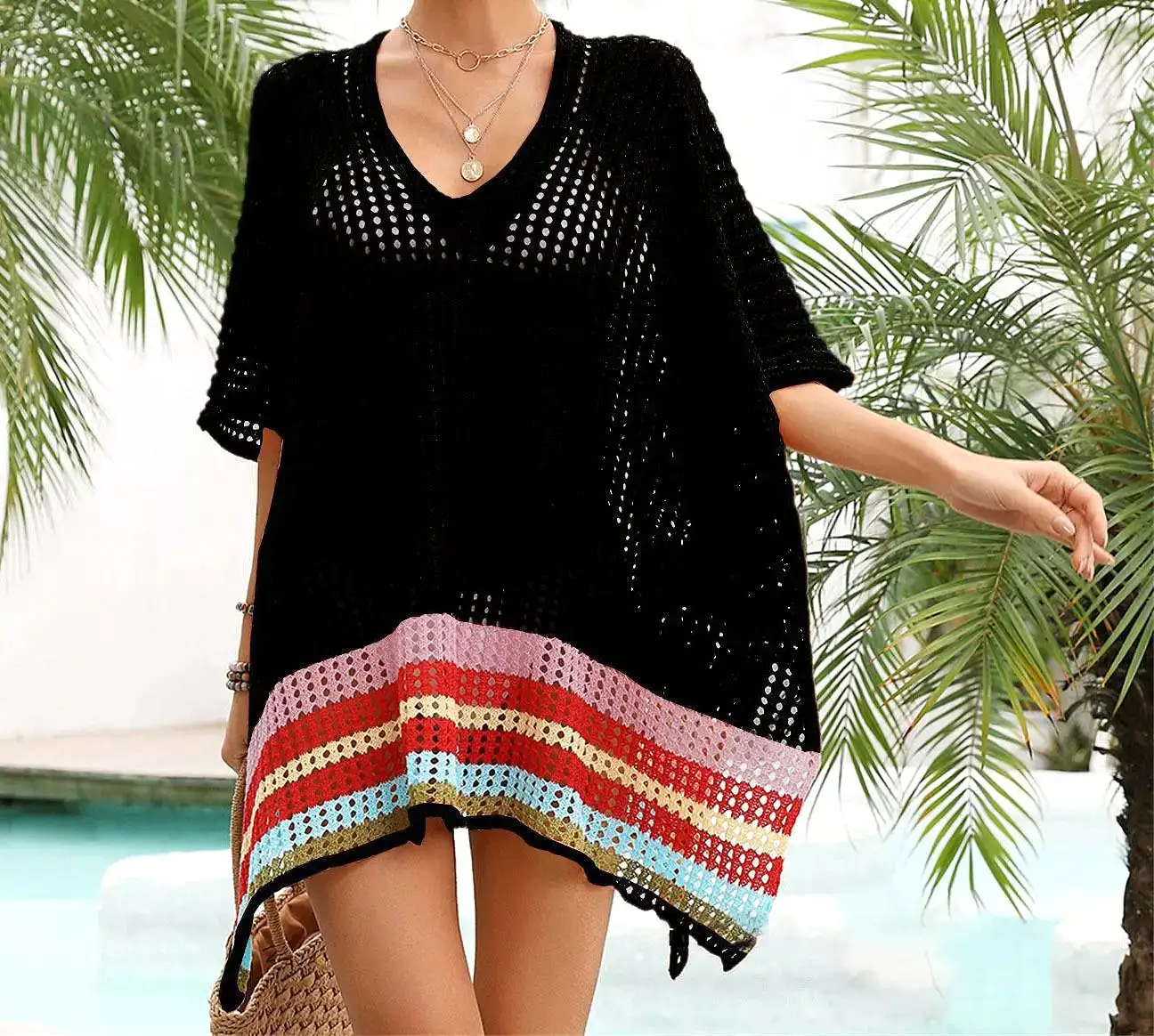 Cover Ups Boho Beach Crochet Robe Sexy Hollow Out Knitted Cover-ups Summer Rrainbow Stripe Cover Up for Women Mini Dresses Loose