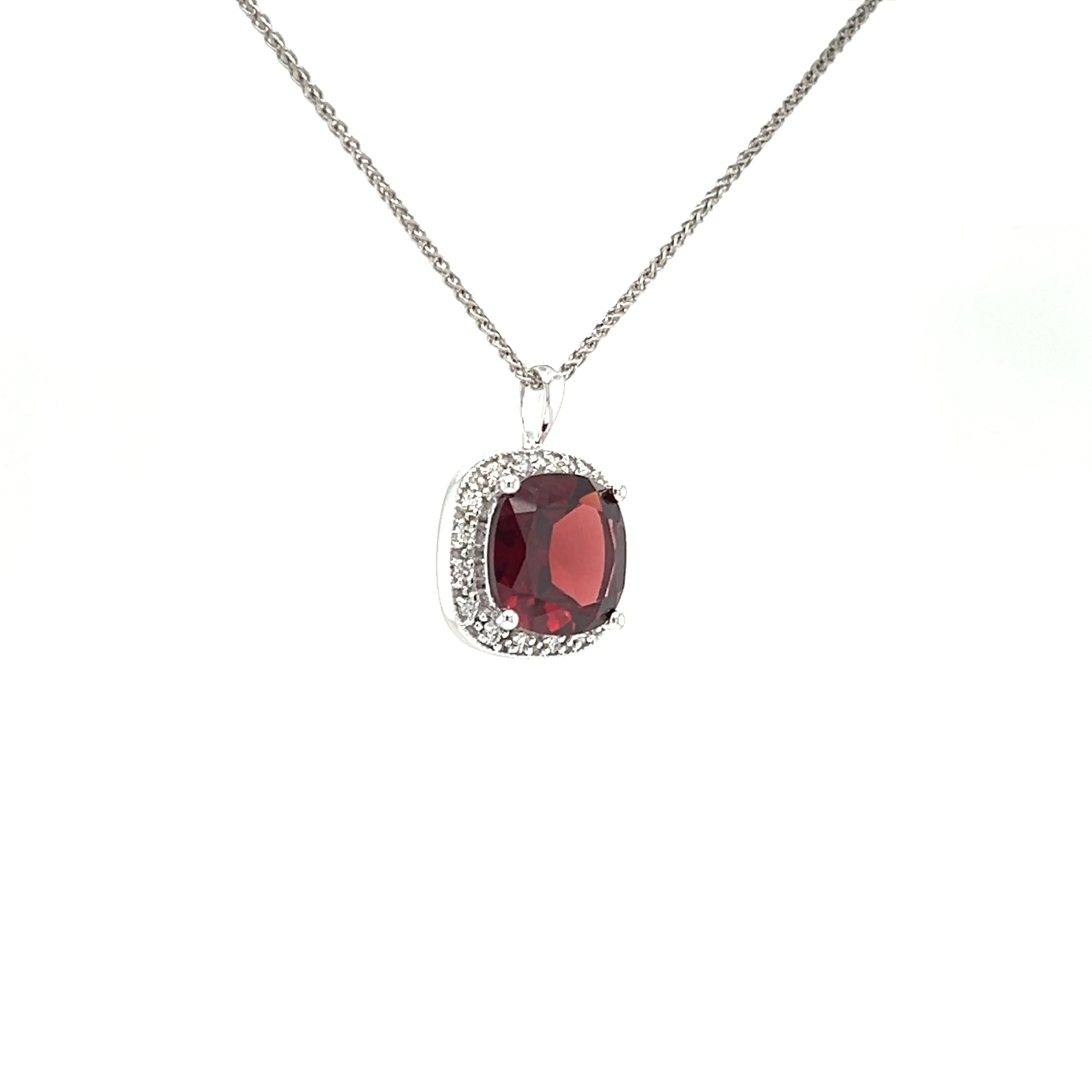 Cushion Garnet Pendant with Diamond Halo in 14K White Gold