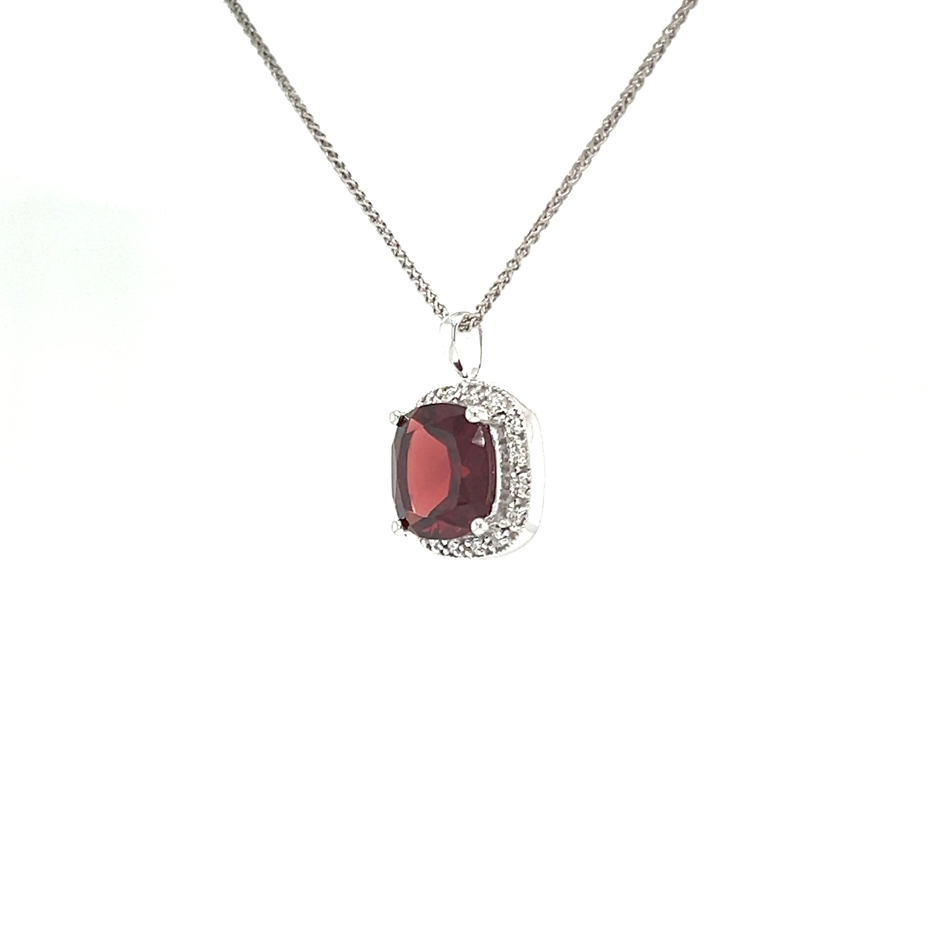 Cushion Garnet Pendant with Diamond Halo in 14K White Gold