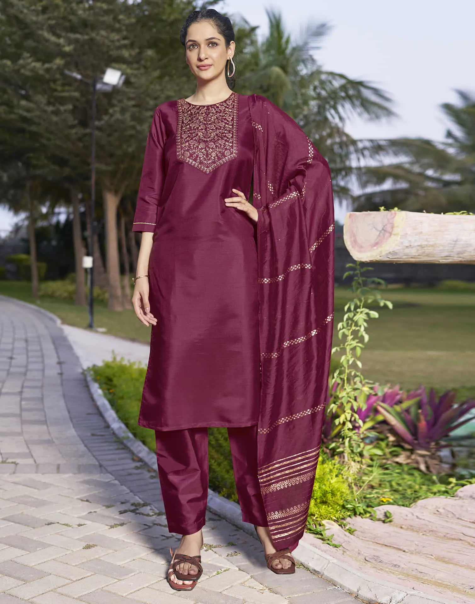 Dark Pink Embroidery Silk Straight Kurta With Pant And Dupatta