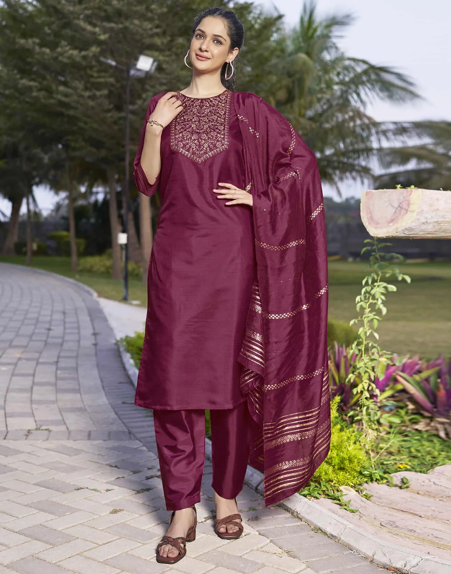 Dark Pink Embroidery Silk Straight Kurta With Pant And Dupatta