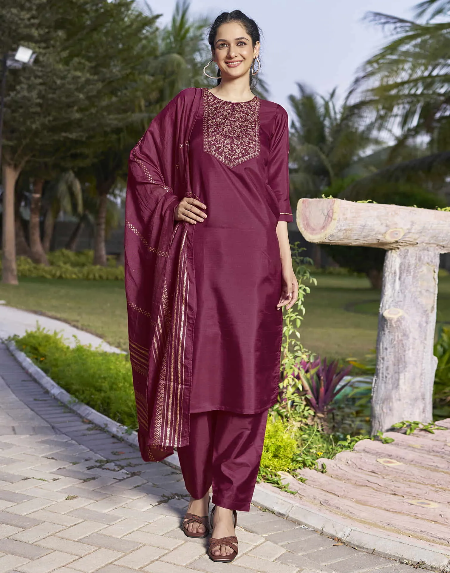 Dark Pink Embroidery Silk Straight Kurta With Pant And Dupatta