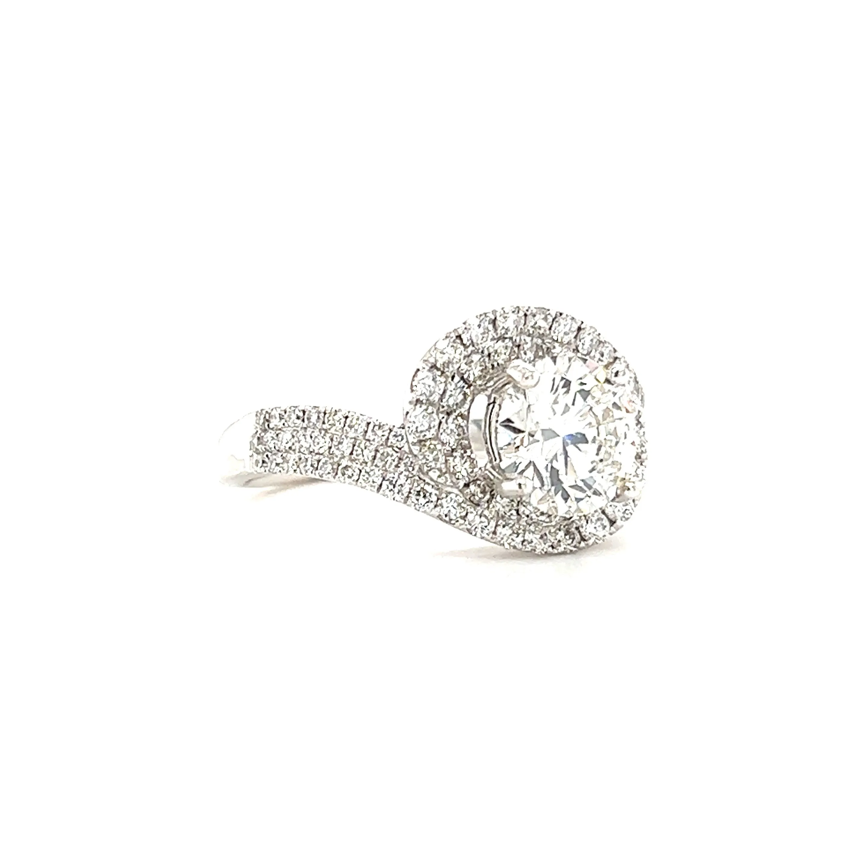 Diamond Bypass Ring with Double Diamond Halo and Side Diamonds in 18K White Gold