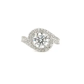 Diamond Bypass Ring with Double Diamond Halo and Side Diamonds in 18K White Gold