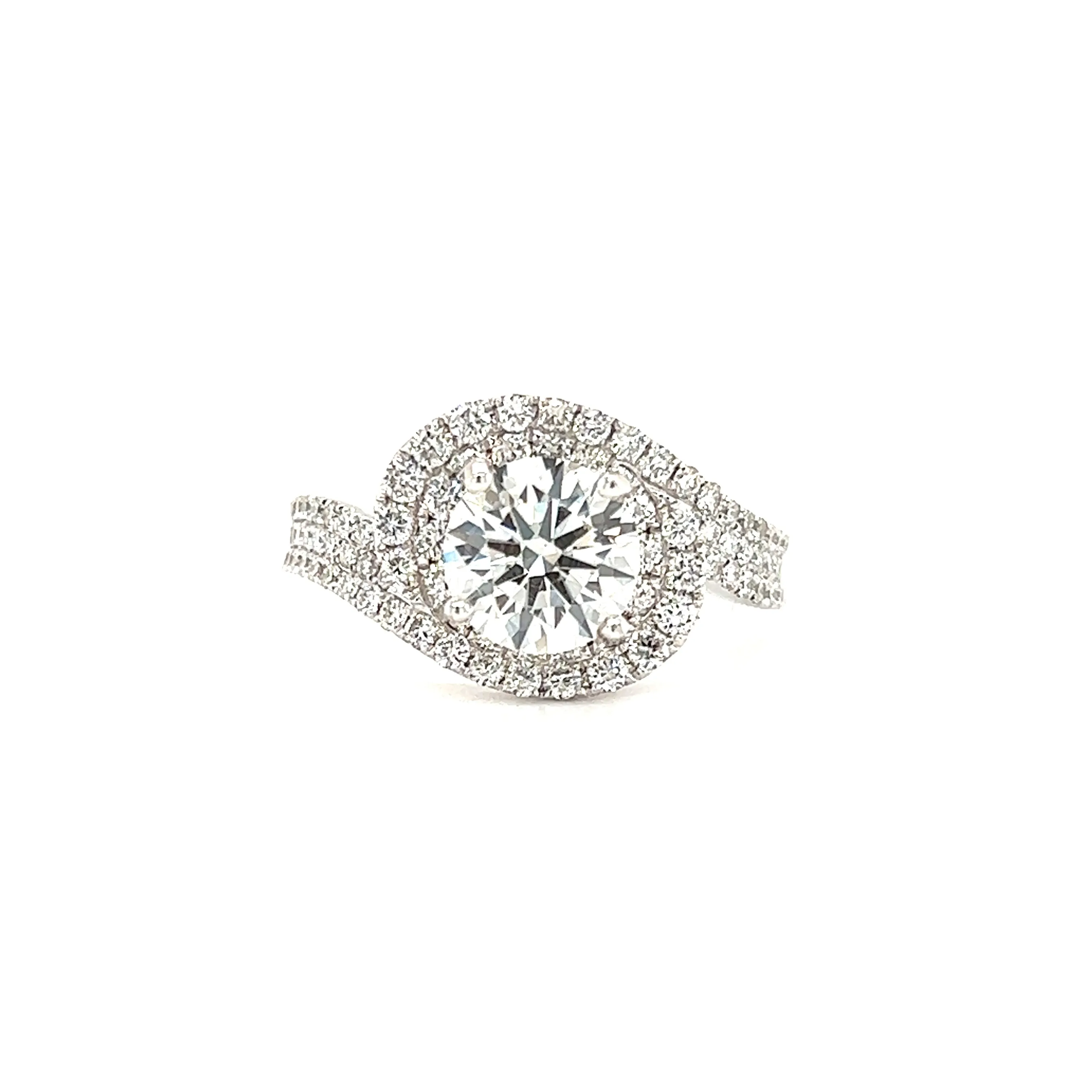 Diamond Bypass Ring with Double Diamond Halo and Side Diamonds in 18K White Gold