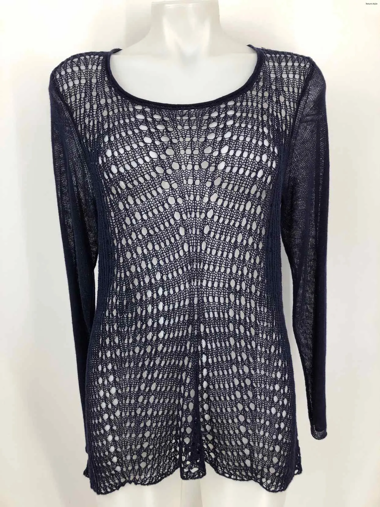 EILEEN FISHER Navy Linen Crochet Longsleeve Size LARGE  (L) Top