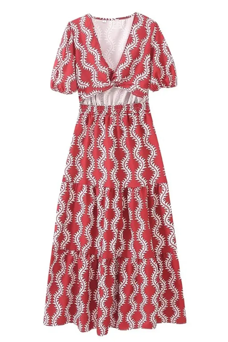 Elegant Geometric Print Hollow Out V Neck A Line Short Sleeve Dress