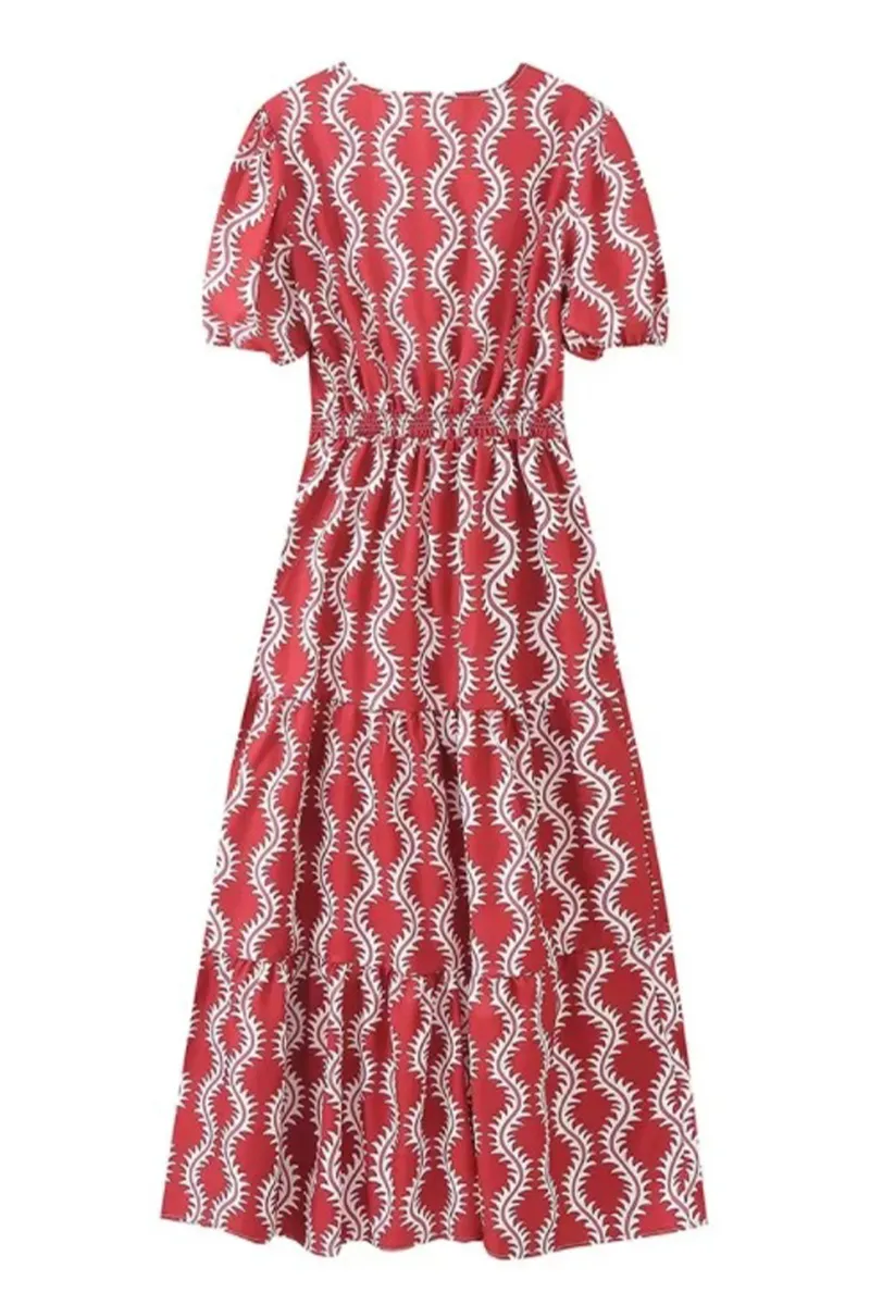 Elegant Geometric Print Hollow Out V Neck A Line Short Sleeve Dress