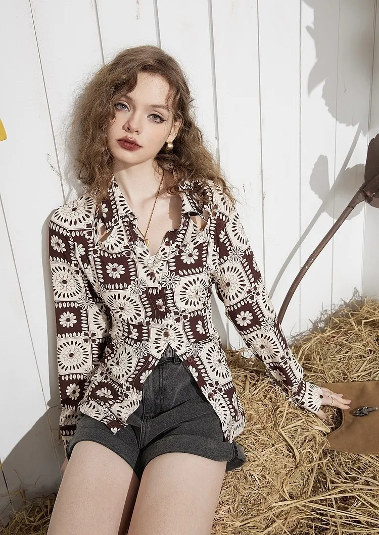 ELF SACK  |Flower Patterns Casual Style Long Sleeves Shirts & Blouses