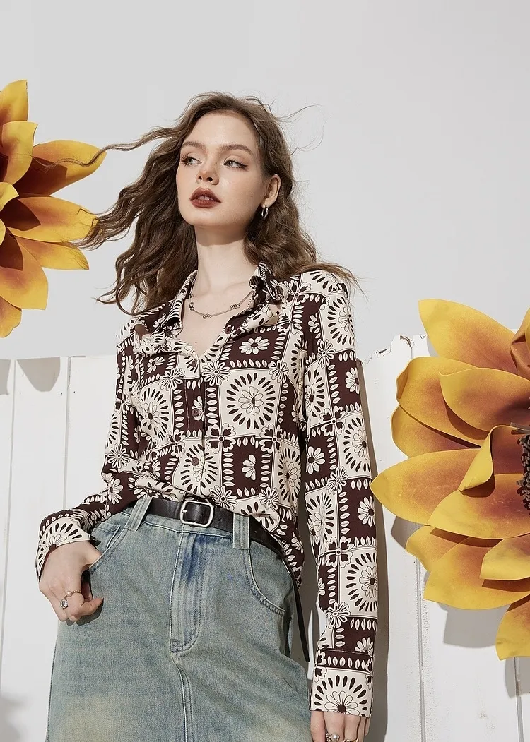 ELF SACK  |Flower Patterns Casual Style Long Sleeves Shirts & Blouses