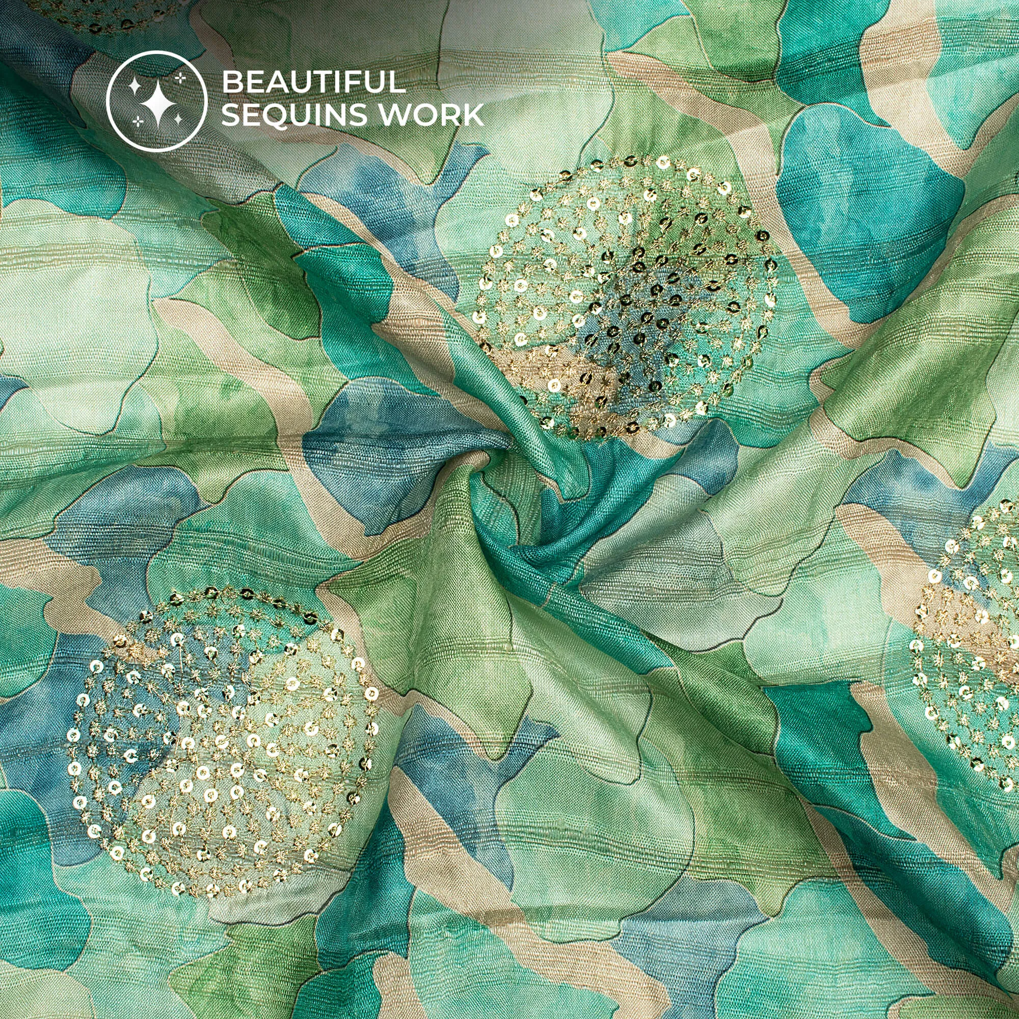 Exclusive Abstract Digital Print Butta Sequins Embroidery On Heritage Art Silk Fabric