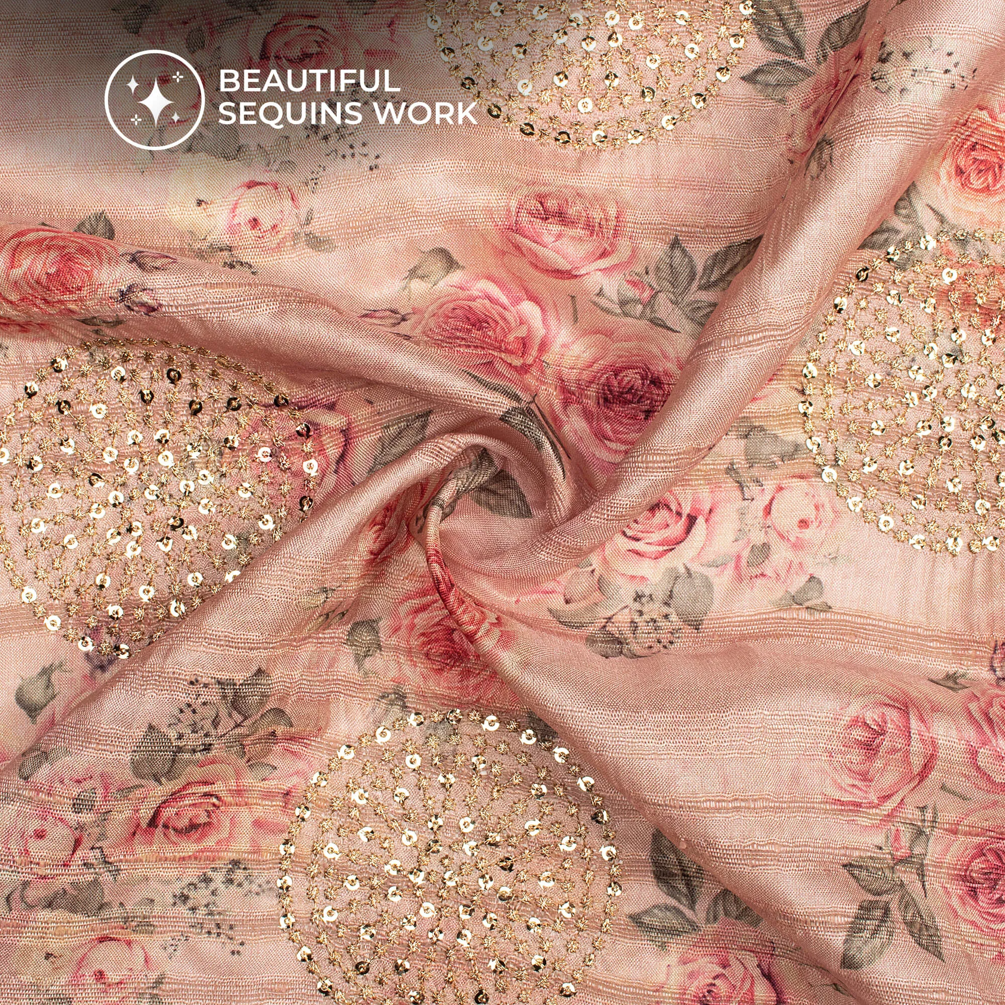 Exclusive Pink Floral Digital Print Butta Sequins Embroidery On Heritage Art Silk Fabric