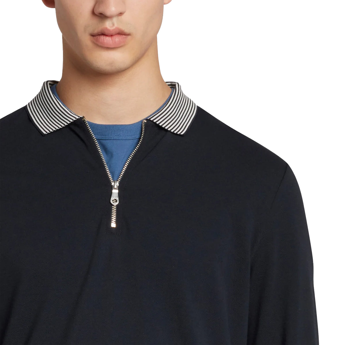 Farah Vancouver Long Sleeve Striped Collar Zip Polo - True Navy