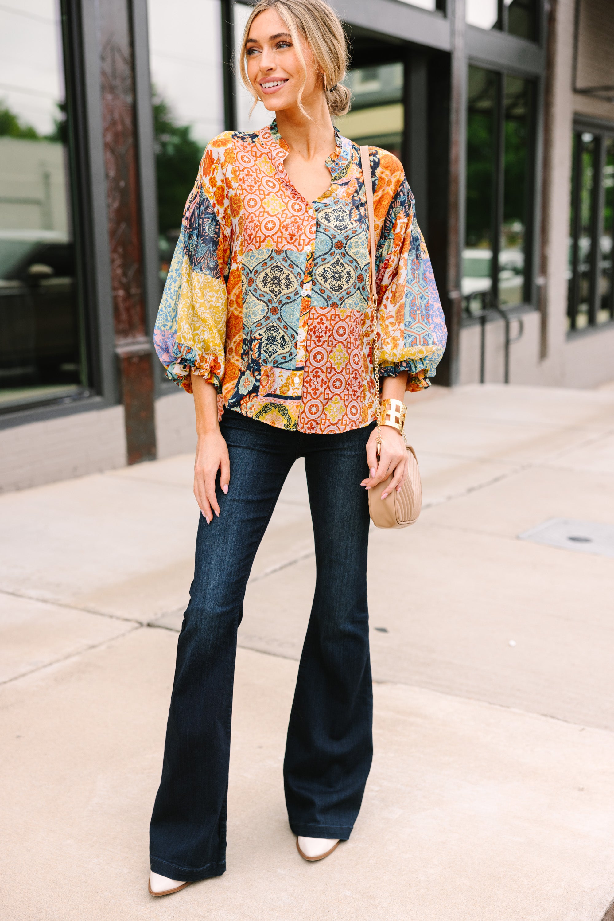 Fate: Soul Searching Mustard Yellow Mixed Print Blouse