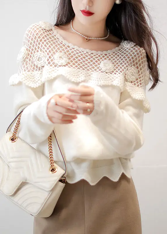 Floral White Hollow Out Patchwork Cotton Knit Top Long Sleeve AS1070