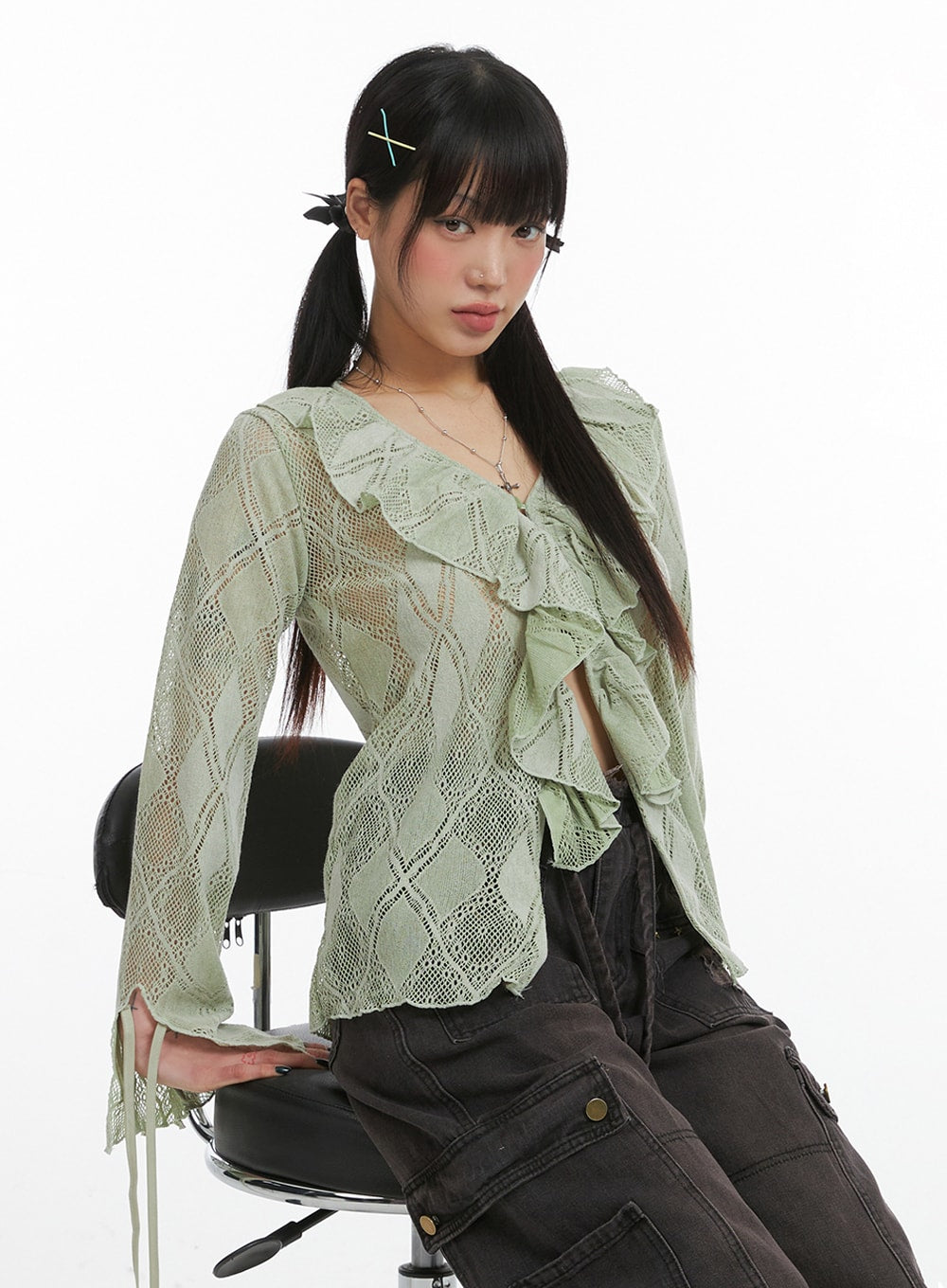 Frill Hollow Out Knitted Cardigan IJ411