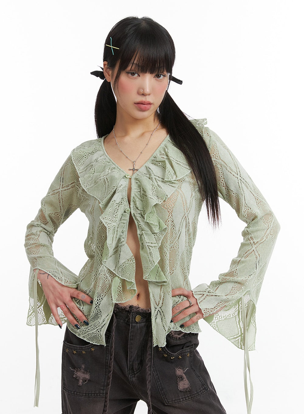 Frill Hollow Out Knitted Cardigan IJ411