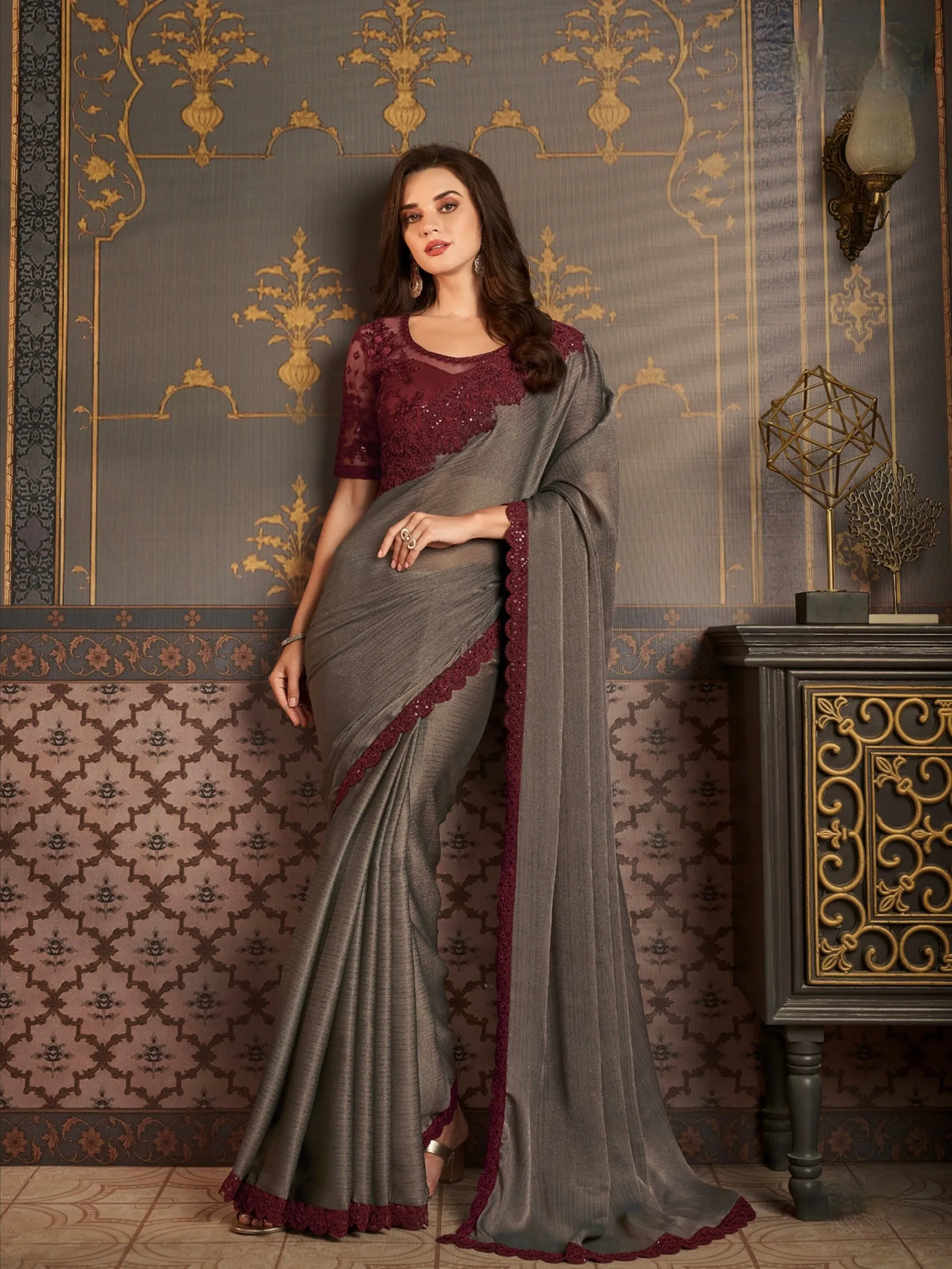 Gery Colour Embroidery Silk Saree