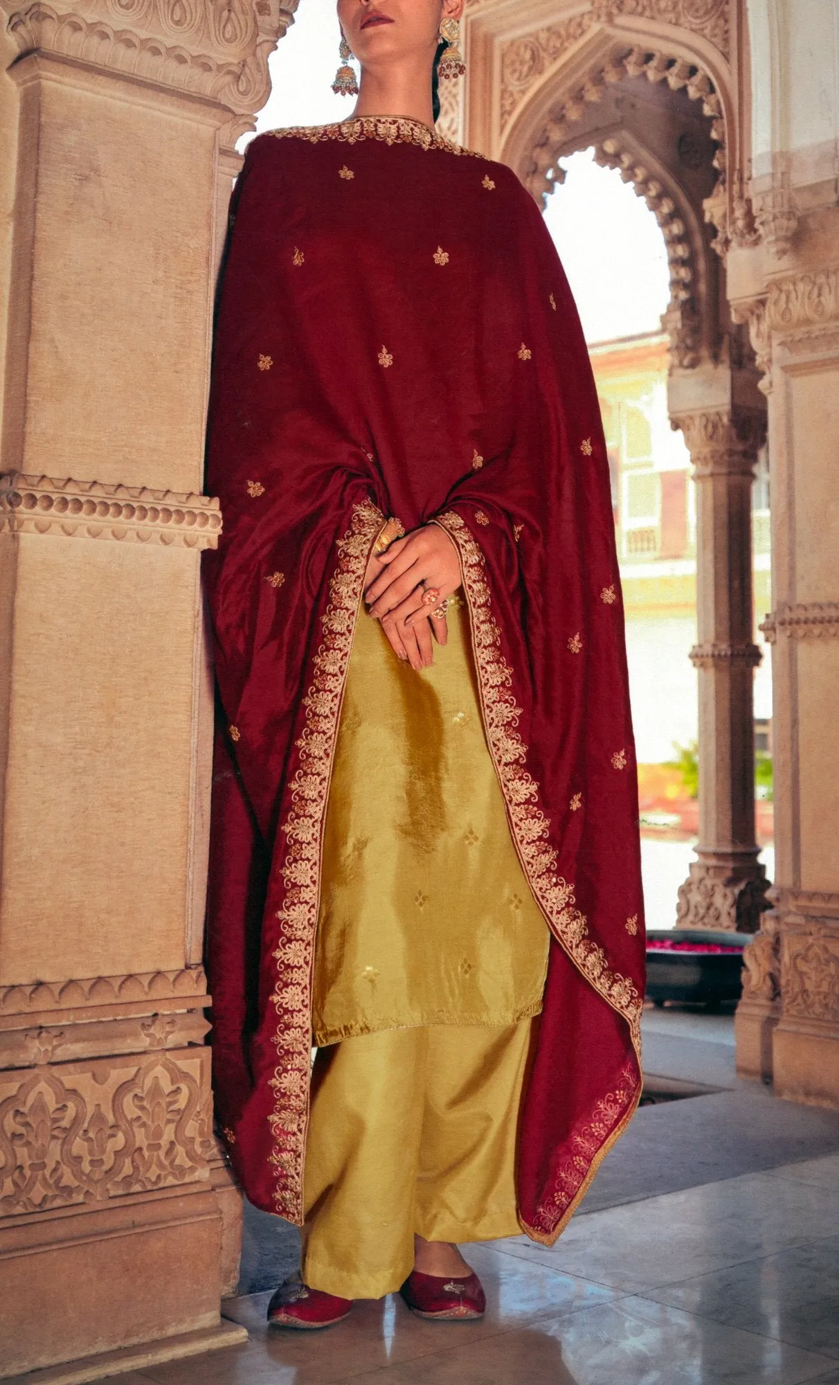 Gold Jacquard Silk Weaving Salwar Kameez with Embroidery Dupatta