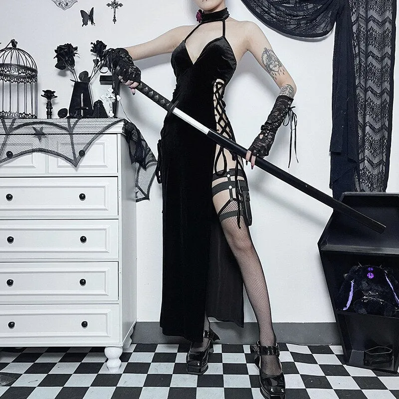 Gothic Mall Bandage Hollow Out Midi 3D Red Rose High Split Long Dress Dark Cosplay Hippie Grunge Aesthetic Outfits