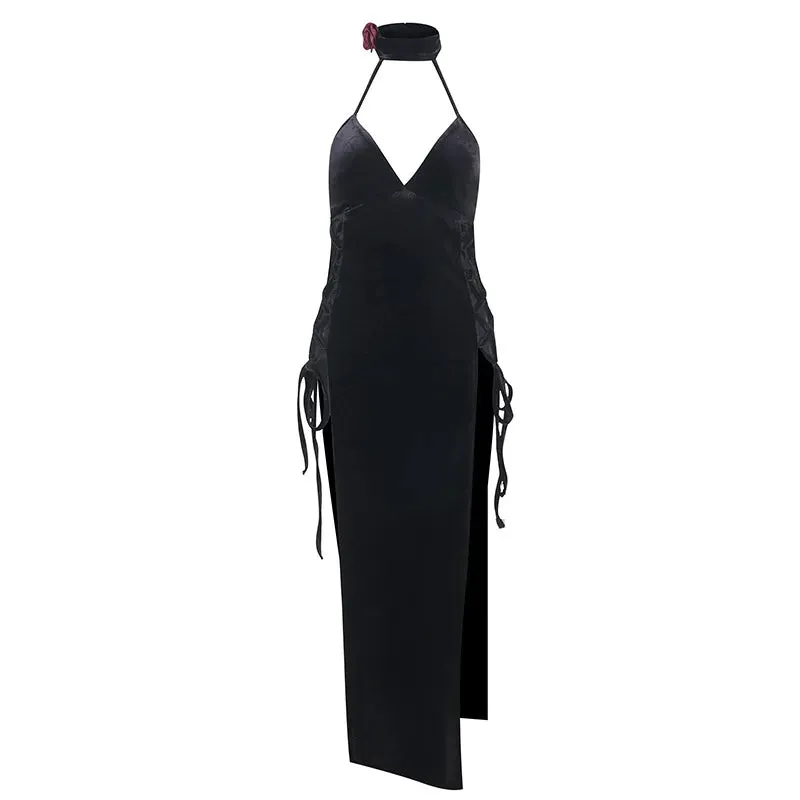 Gothic Mall Bandage Hollow Out Midi 3D Red Rose High Split Long Dress Dark Cosplay Hippie Grunge Aesthetic Outfits