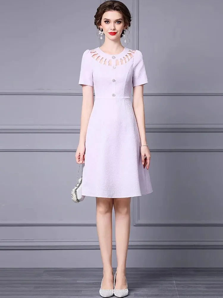 Gracelyn Short Sleeve Hollow Out Button Elegant A-Line Dress