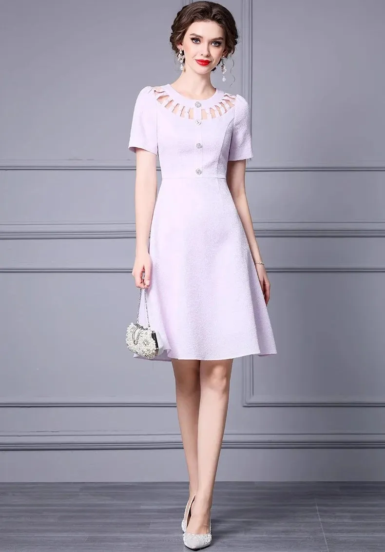 Gracelyn Short Sleeve Hollow Out Button Elegant A-Line Dress