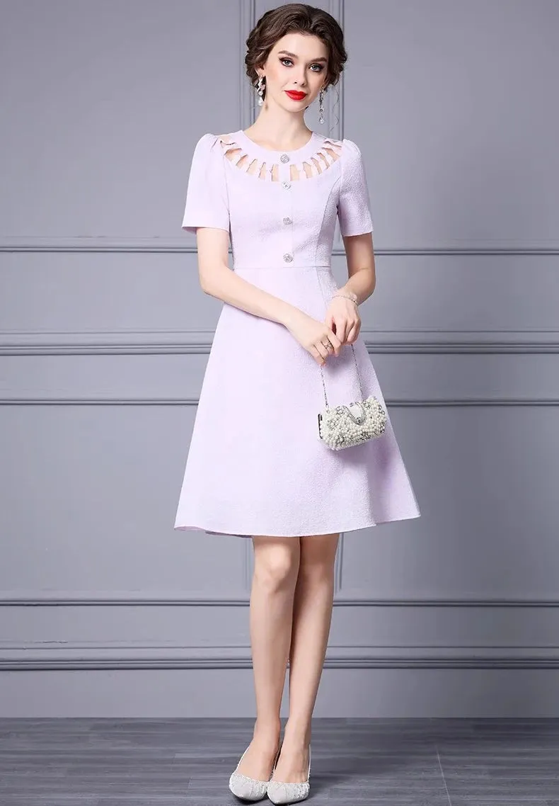 Gracelyn Short Sleeve Hollow Out Button Elegant A-Line Dress