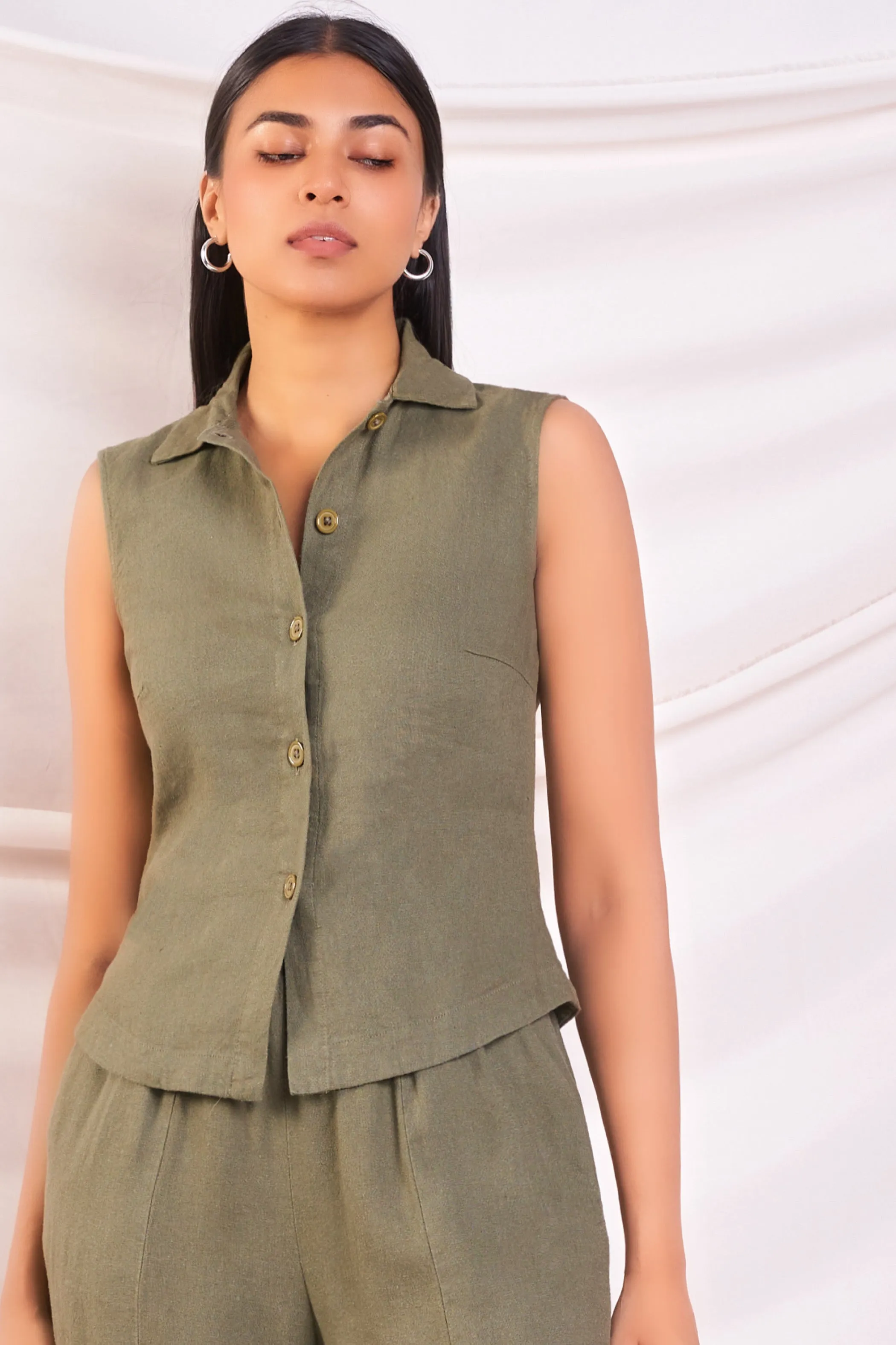 Green Linen Sleeveless Top