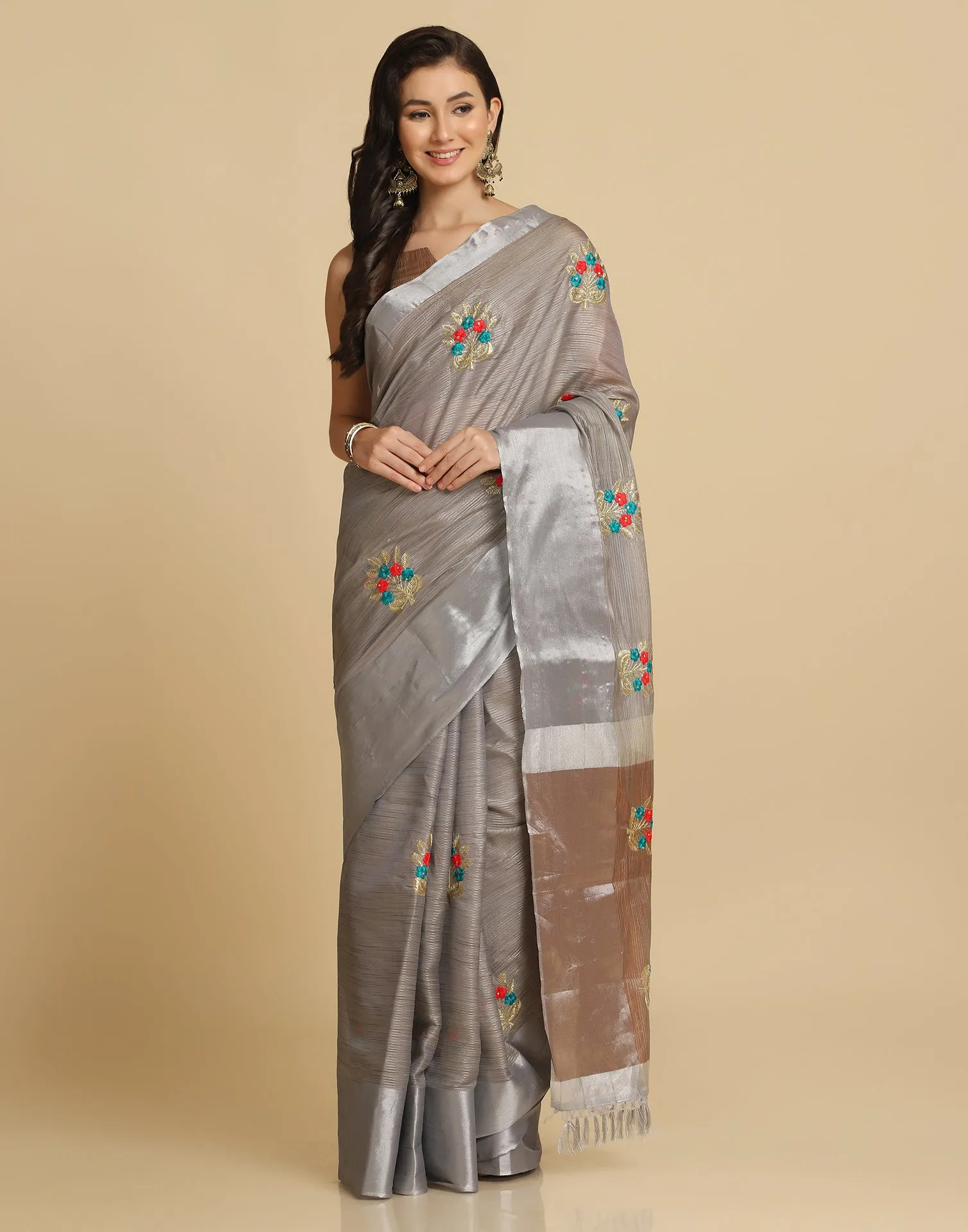 Grey Self Woven Silk Embroidery Saree