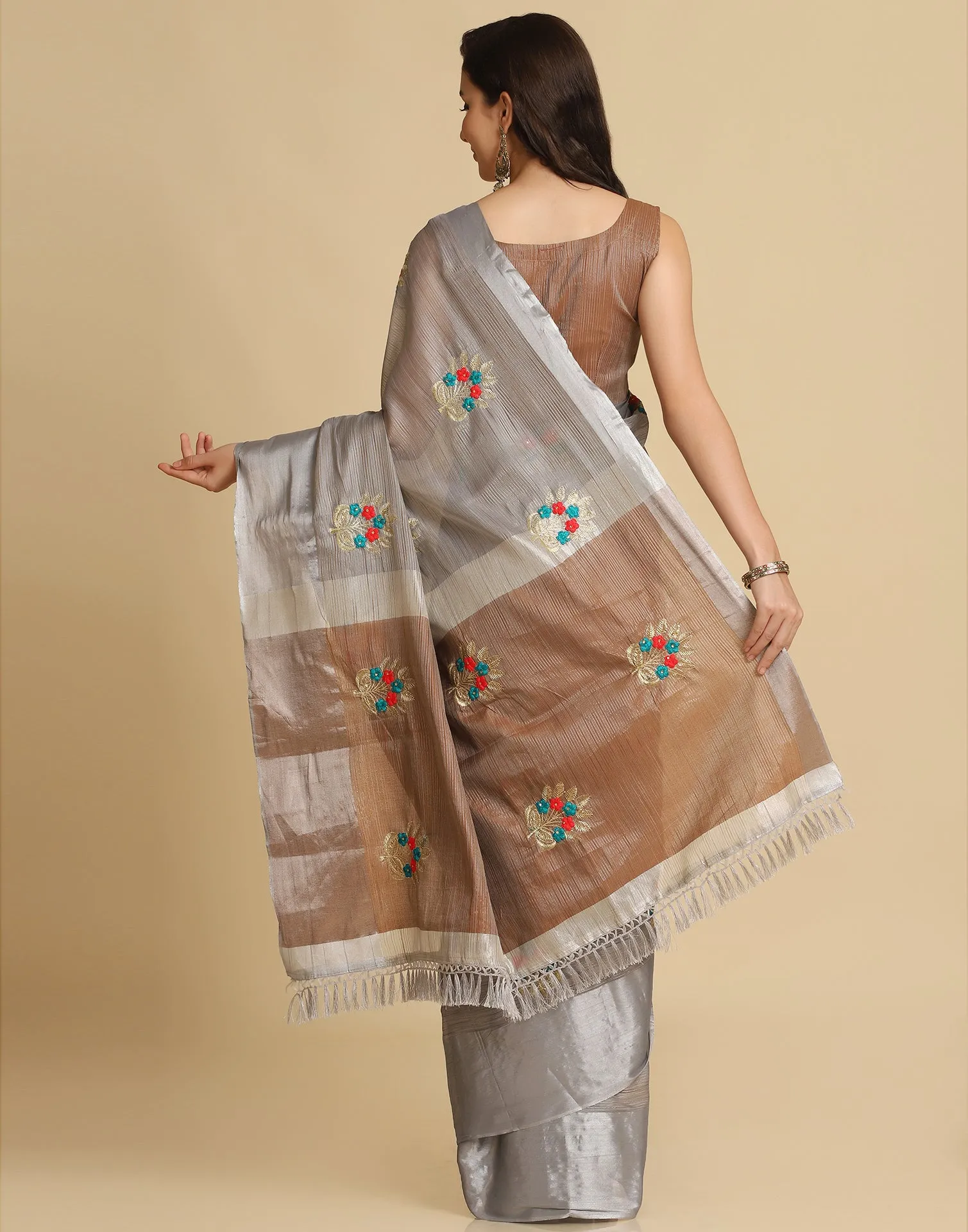 Grey Self Woven Silk Embroidery Saree